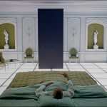 2001: A Space Odyssey | White room, bedroom, light floor, black monolith | Production Design Porn | Director Stanley Kubrick