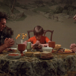Alice Doesn't Live Here Anymore (1974) | Martin Scorsese production design | Martin Scorsese Films | Ellen Burstyn sits at table with son and man during dinner scene with mural on back wall